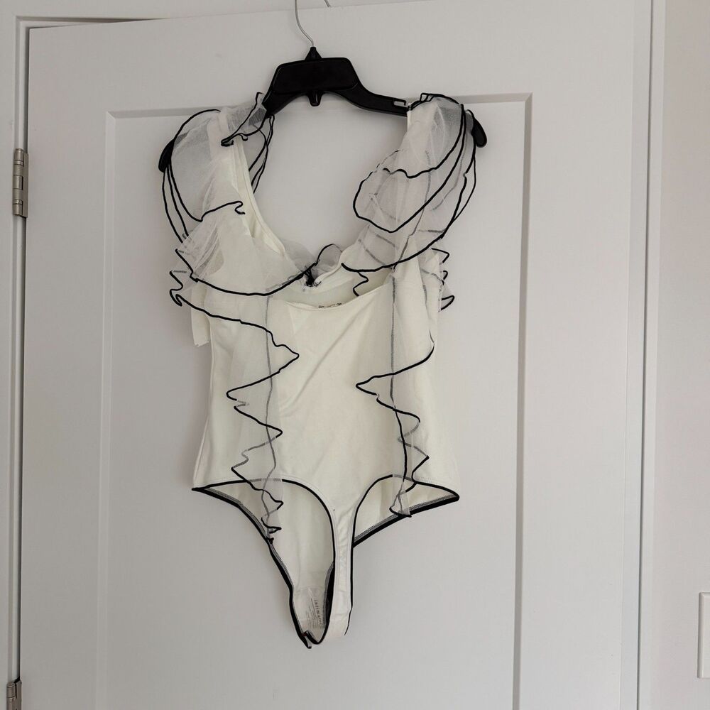 Free People Sugar Free Bodysuit Size L White Sheer Lace Black Trim NWOT - Picture 4 of 7